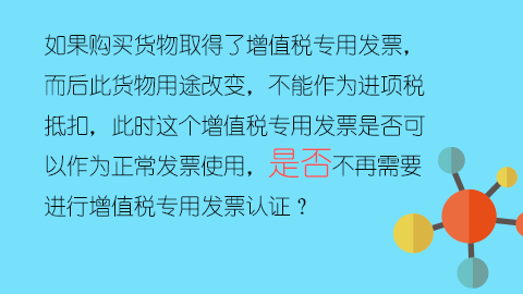 如果購買貨物取得了增值稅專用發票，而后此貨物用途改變，不能作為進項稅抵扣，此時這個增值稅專用發票是否可以作為正常發票使用，是否不再需要進行增值稅專用發票認證？ 